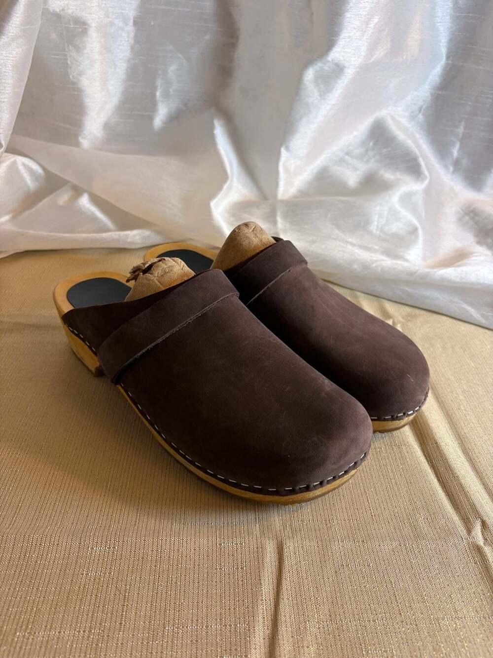 Swedish Hasbeens Brown Suede Leather Clogs